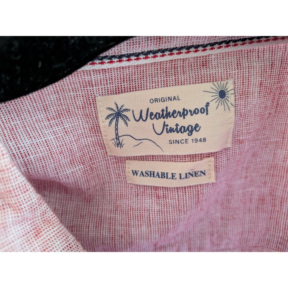 Weatherproof Vintage Mens Large Red Washable Linen Short Sleeve Button Down - Picture 3 of 6